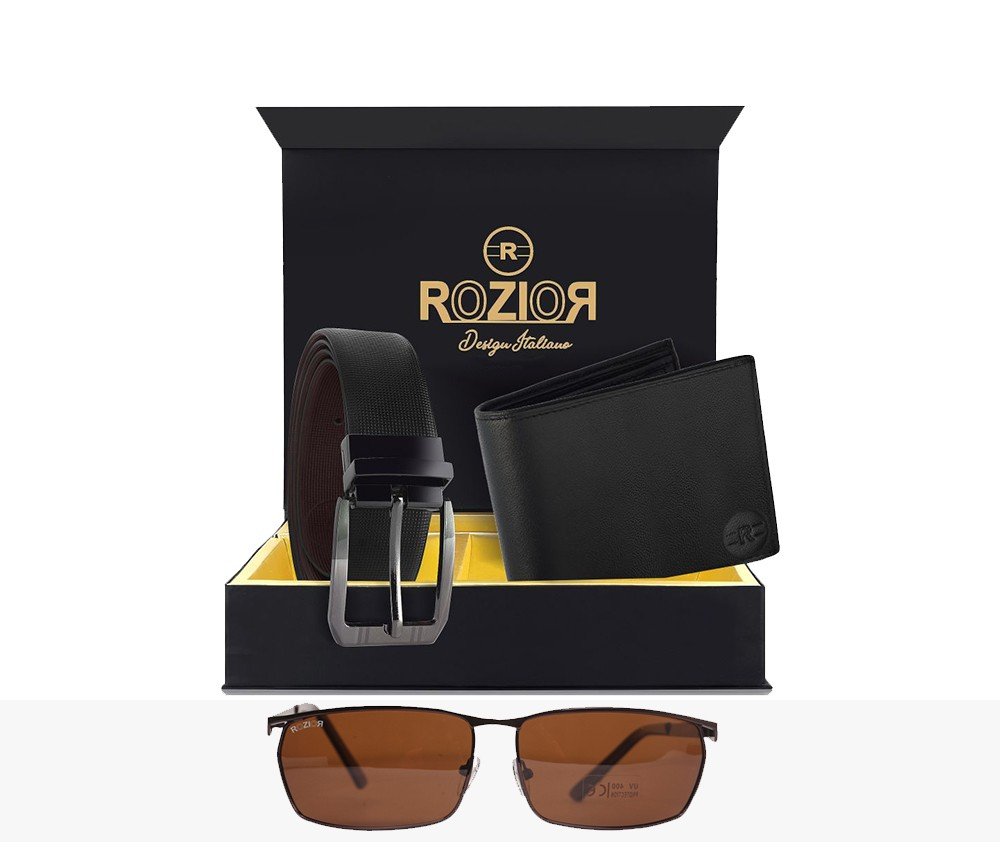 Rozior Men Leather Belt and Wallet Gift Set with Sunglass (Glossy Brown) RCB_RWP2848C2_MBZ1_MWZ1