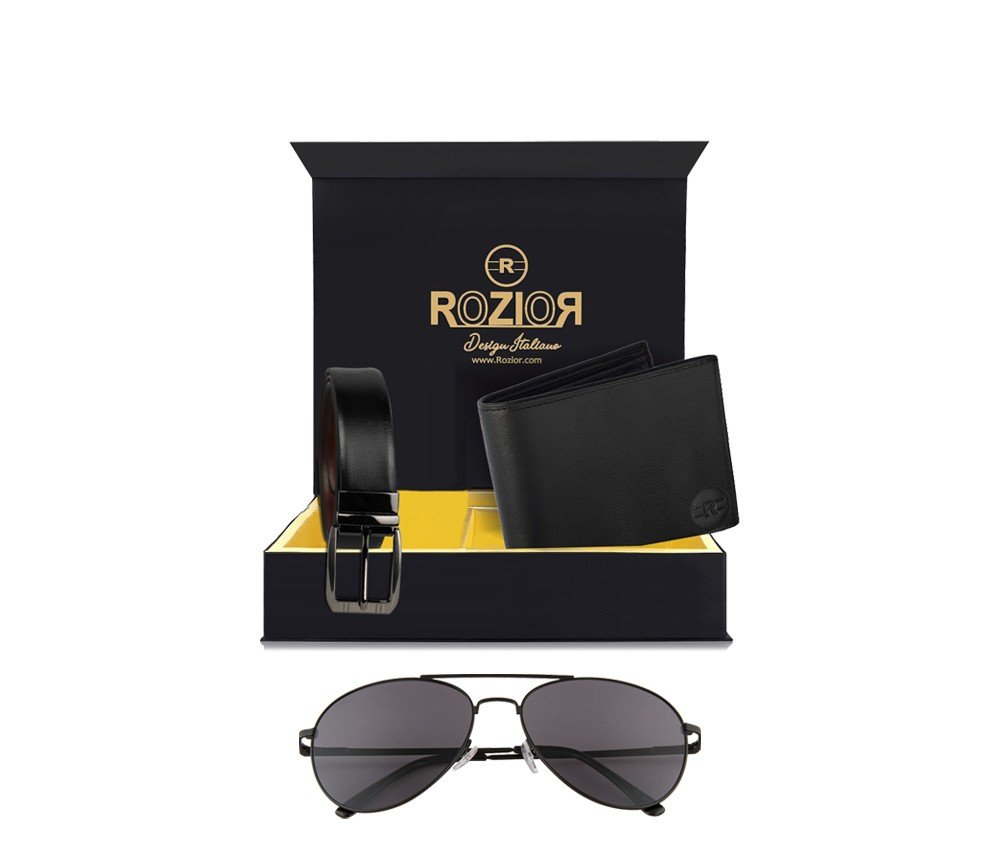 Rozior® Luxury Men Genuine Soft Leather Belt and Wallet Gift Set with Sunglass (Smoke Black Lens)RCB_RWU2018C7_MBZ1_MWZ1