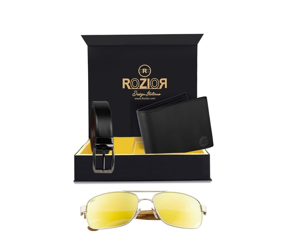 Rozior® Luxury Men Genuine Soft Leather Belt and Wallet Gift Set with Sunglass (Golden Lens)RCB_RWP1701M3_MBZ1_MWZ1