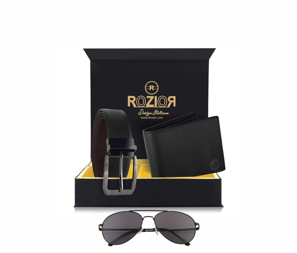 Rozior # 100% Genuine Leather Men's Belt & Wallet Gift Set with Rozior UV400 Sunglass