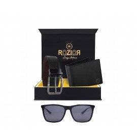 Rozior Men Leather Belt and Wallet Gift Set with Sunglass (Smoke Black) RCB_ RSP60426C1_MBZ1_MWZ1