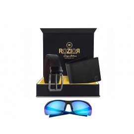 Rozior Luxury Men Genuine Soft Leather Belt and Wallet Gift Set with Sunglass RCB_RWPP509M4_MBZ1_MWZ1