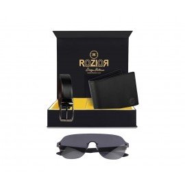 Rozior® Luxury Men Genuine Soft Leather Belt and Wallet Gift Set with Sunglass (Smoke Black Lens/Glossy Black Frame)RCB_RWUF1006C1_MBZ1_MWZ1