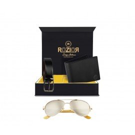 Rozior® Luxury Men Genuine Soft Leather Belt and Wallet Gift Set with Sunglass (Silver Mirror Lens)RCB_RWU2040M2_MBZ1_MWZ1