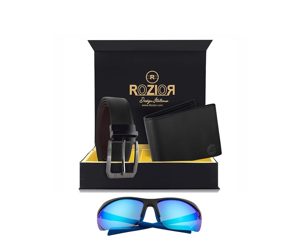 Rozior Luxury Men Genuine Soft Leather Belt and Wallet Gift Set with Sunglass RCB_RWPP509M4_MBZ1_MWZ1