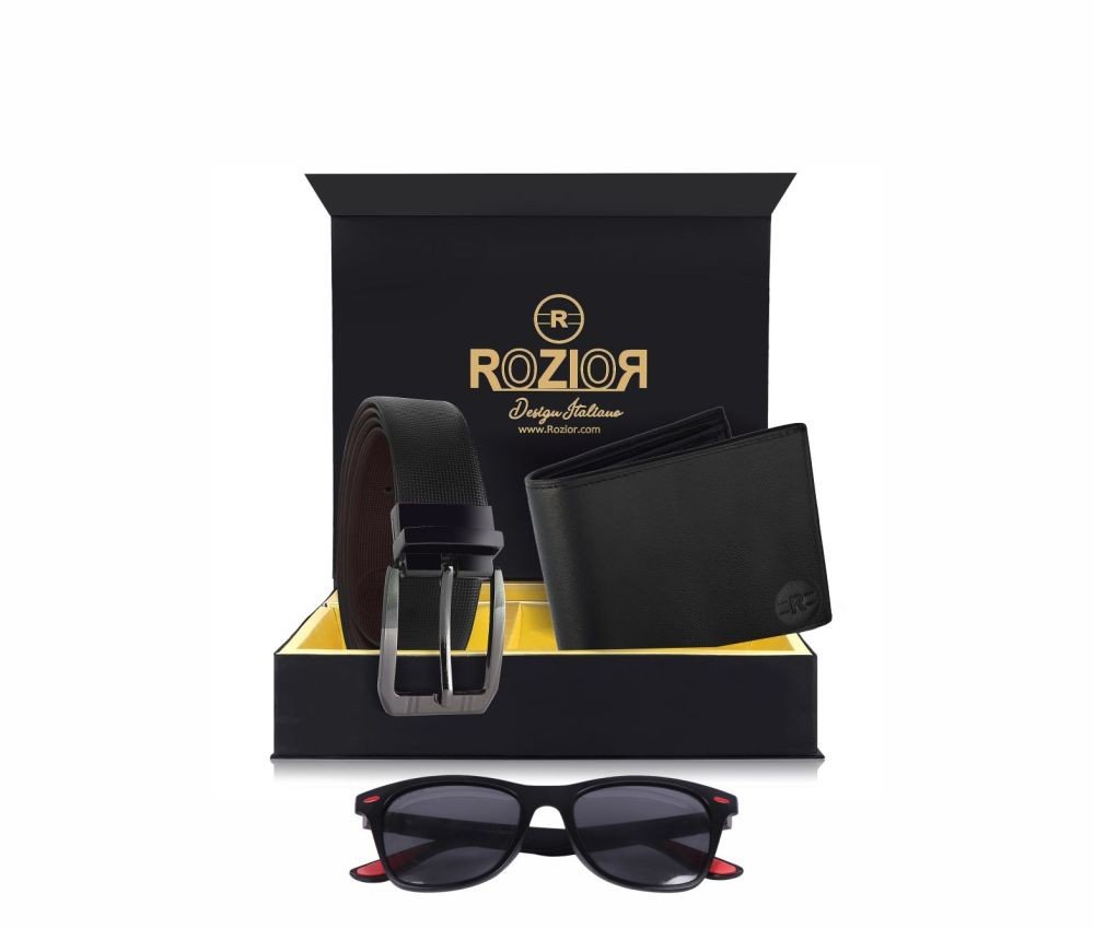 Rozior # 100% Genuine Leather Men's Belt & Wallet Gift Set with Rozior Polarized Sunglass