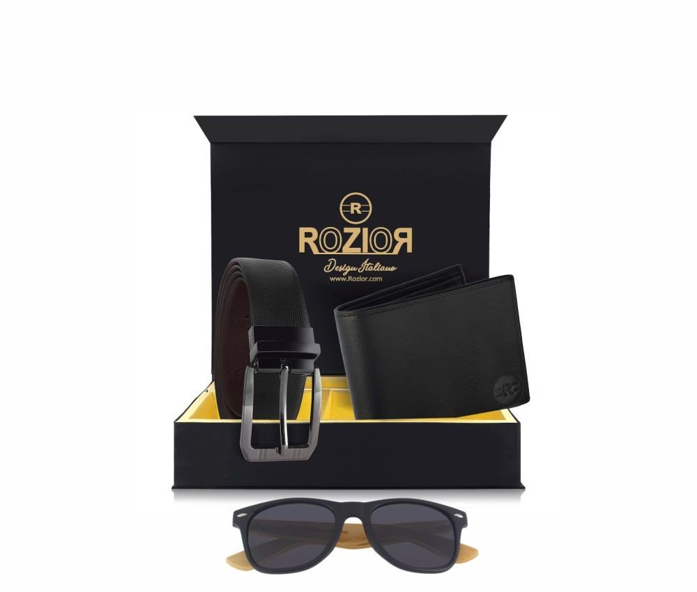 Rozior # 100% Genuine Leather Men's Belt & Wallet Gift Set with Rozior UV400 Wooden Sunglass