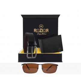Rozior Men Leather Belt and Wallet Gift Set with Sunglass (Glossy Brown) RCB_RWP2848C2_MBZ1_MWZ1