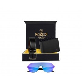 Rozior® Luxury Men Genuine Soft Leather Belt and Wallet Gift Set with Sunglass (Blue Mirror Lens)RCB_RWUF1006M4_MBZ1_MWZ1